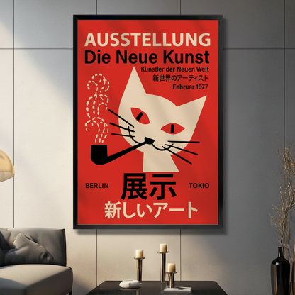 Retro cat poster framed canvas wall art in black frame on gray tile wall — vintage exhibition style with bold red background and geometric white cat smoking pipe above sofa