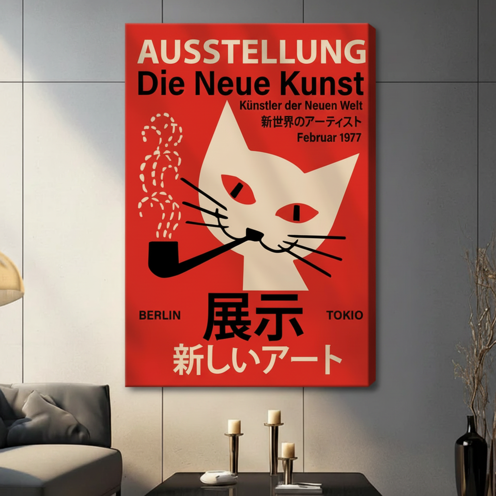 Retro cat poster stretched canvas wall art — frameless gallery wrap vertical print with vivid red vintage poster design displayed above gray sofa in contemporary American home