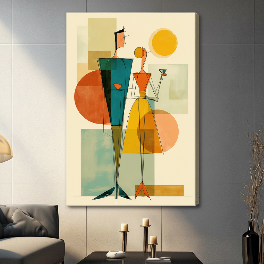 Unframed canvas print of a retro abstract couple with martini glass in teal yellow and orange geometric style hung in a modern dark grey living room

