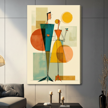 Unframed canvas print of a retro abstract couple with martini glass in teal yellow and orange geometric style hung in a modern dark grey living room
