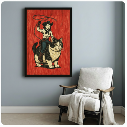 Retro cowgirl riding giant tuxedo cat vintage woodblock canvas art in black float frame on light blue-gray wall beside white linen armchair with throw blanket