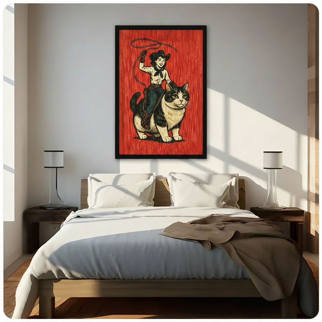 Retro cowgirl riding giant tuxedo cat vintage woodblock canvas art in black float frame on white bedroom wall above bed with white bedding and cylindrical table lamps