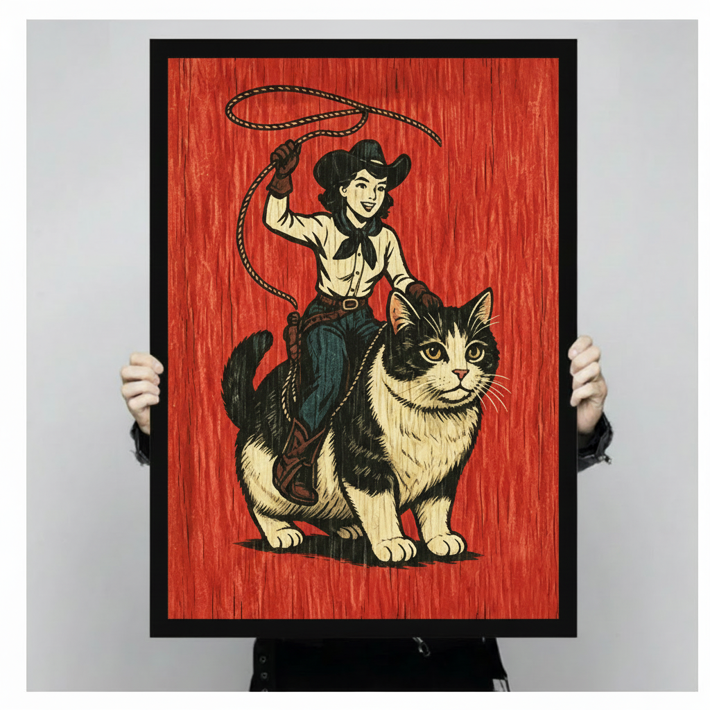 Retro cowgirl riding giant tuxedo cat vintage woodblock canvas art in black float frame held up by hands against plain light gray background showing print size