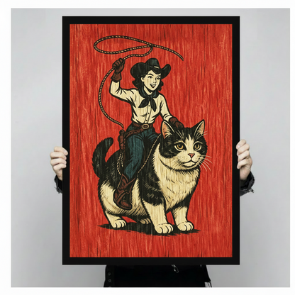 Retro cowgirl riding giant tuxedo cat vintage woodblock canvas art in black float frame held up by hands against plain light gray background showing print size