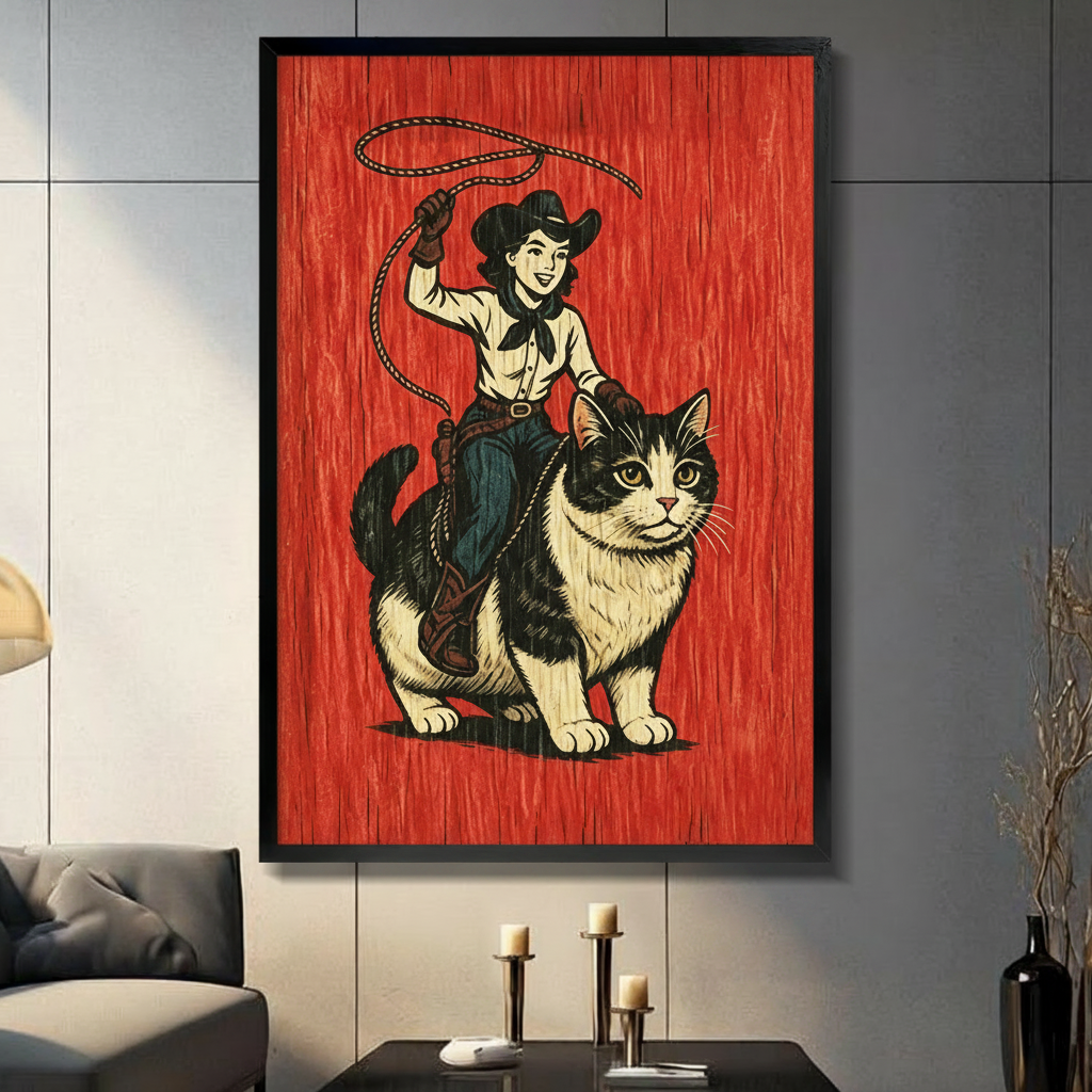 Retro cowgirl riding giant tuxedo cat vintage woodblock canvas art in black float frame on dark gray tiled wall above coffee table with candles and black vase