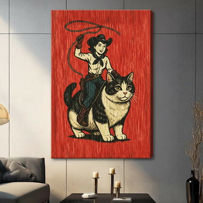 Retro cowgirl riding giant tuxedo cat vintage woodblock stretched canvas wall art with red wrap edge on dark gray tiled wall above coffee table with candles and black vase