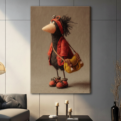 Fantasy felted crow with yellow satchel canvas wrap wall art hung in a contemporary living room with gray tile wall and warm ambient lighting