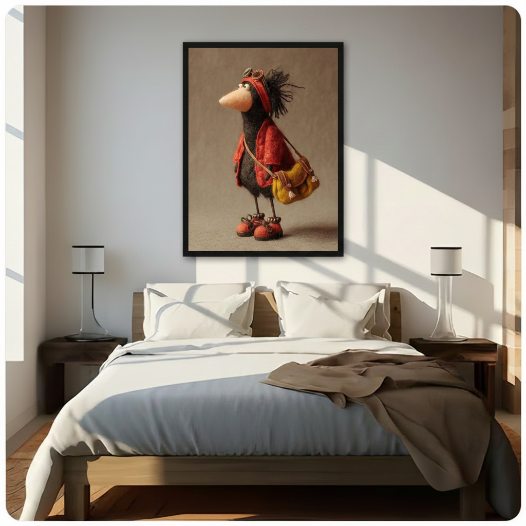 Whimsical crow traveler wall art in black frame above a wooden bed with white linen bedding, a taupe throw blanket, and matching bedside lamps in a sunlit minimalist bedroom