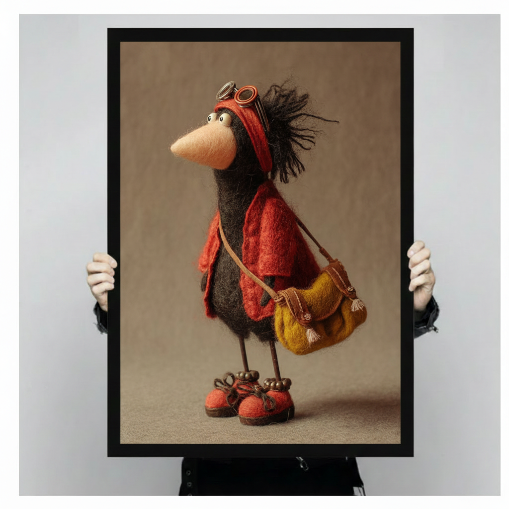 Retro felted crow character in red boots framed canvas print held up against a light gray background showing full folk art illustration detail