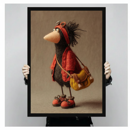 Retro felted crow character in red boots framed canvas print held up against a light gray background showing full folk art illustration detail