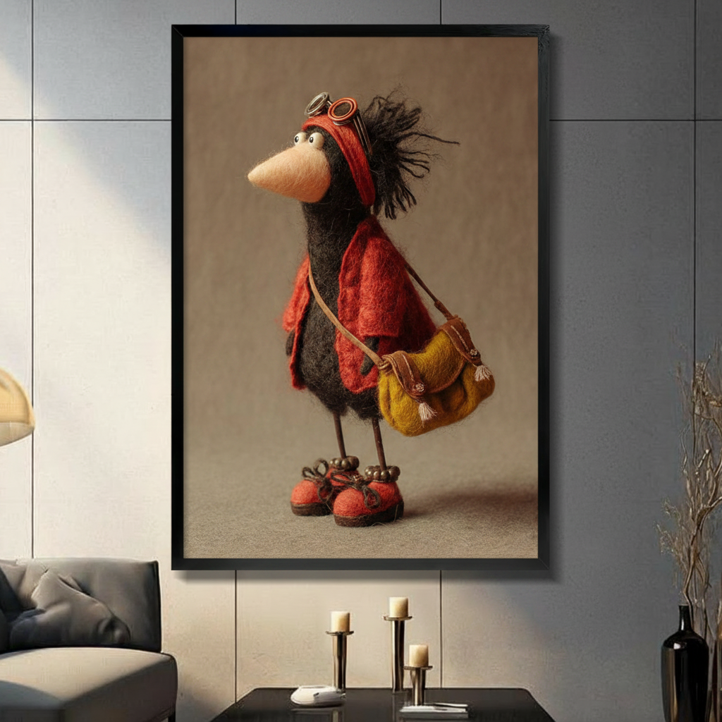Whimsical retro crow traveler in red jacket framed canvas art on a dark gray wall above candlesticks in a modern living room with charcoal sofa