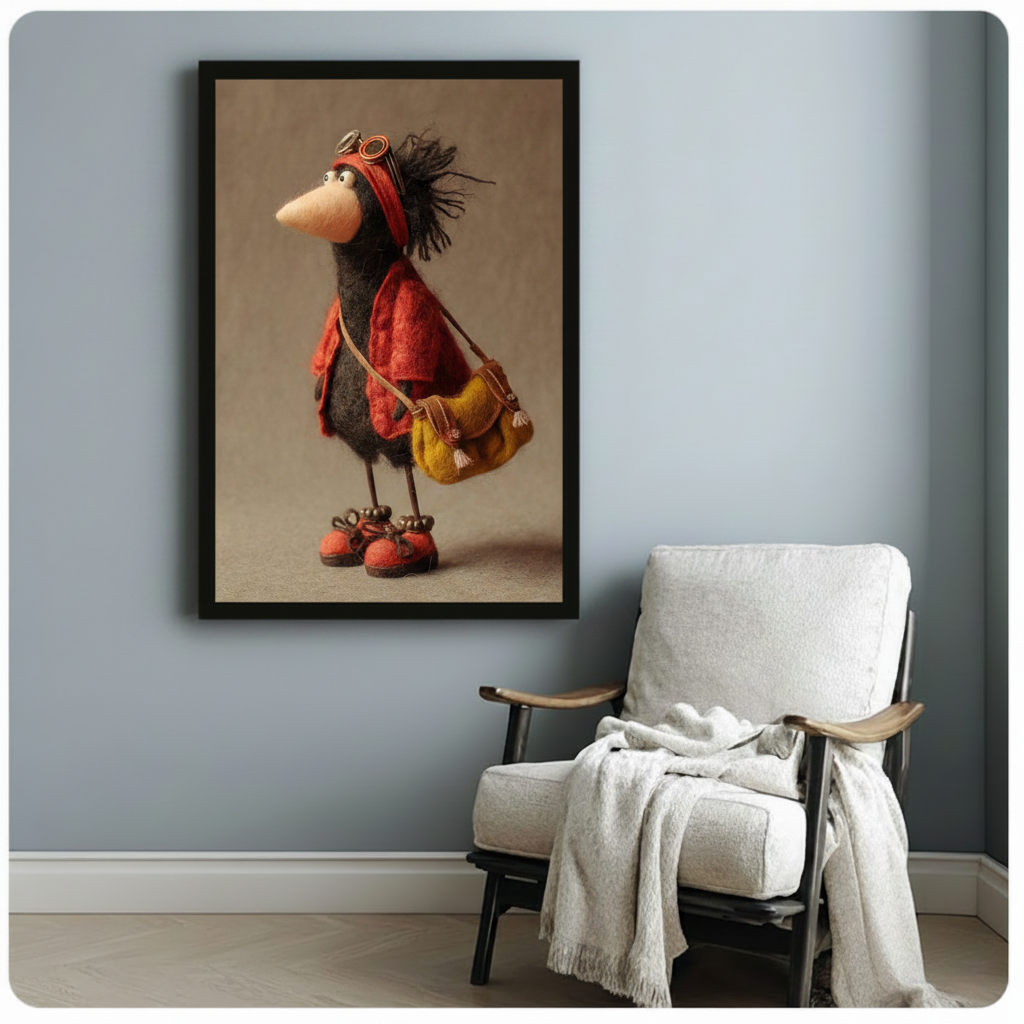 Quirky crow traveler with steampunk goggles framed art print on a blue-gray wall beside a white linen armchair with a cozy throw blanket