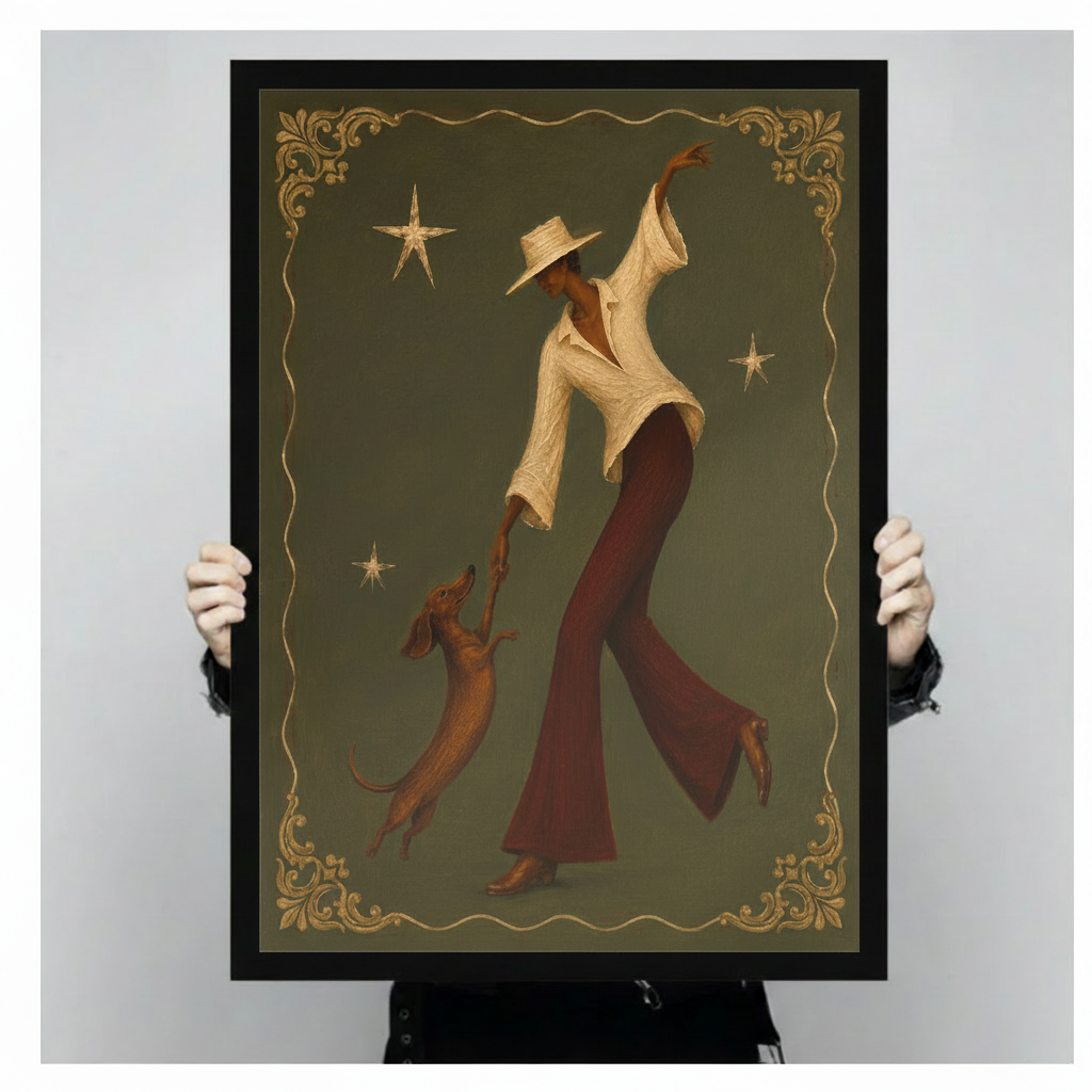 Close-up of a retro-inspired framed wall art print showing an elegant woman in flared trousers and wide-brim hat dancing with a dachshund, surrounded by gold stars and ornate border