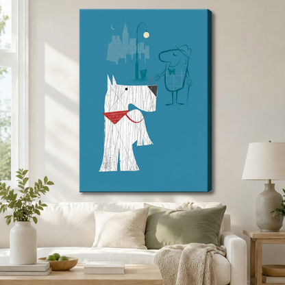 Retro white Scottie dog and owner city night canvas wall art hung above a white sofa, mid-century modern teal blue dog illustration for living room decor