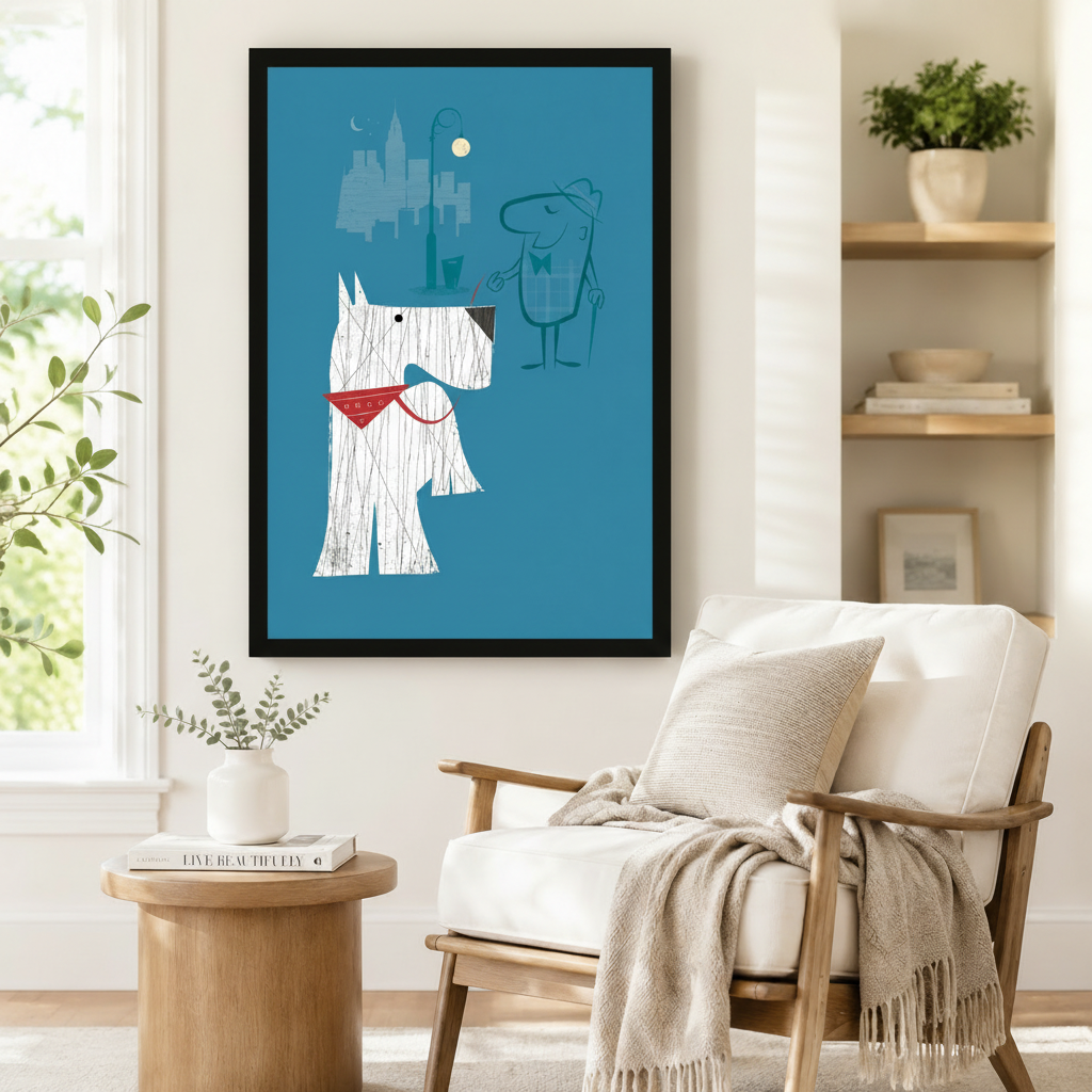  Mid-century modern white dog on leash city skyline framed poster beside a Scandinavian armchair, quirky teal blue retro dog wall art for reading nook