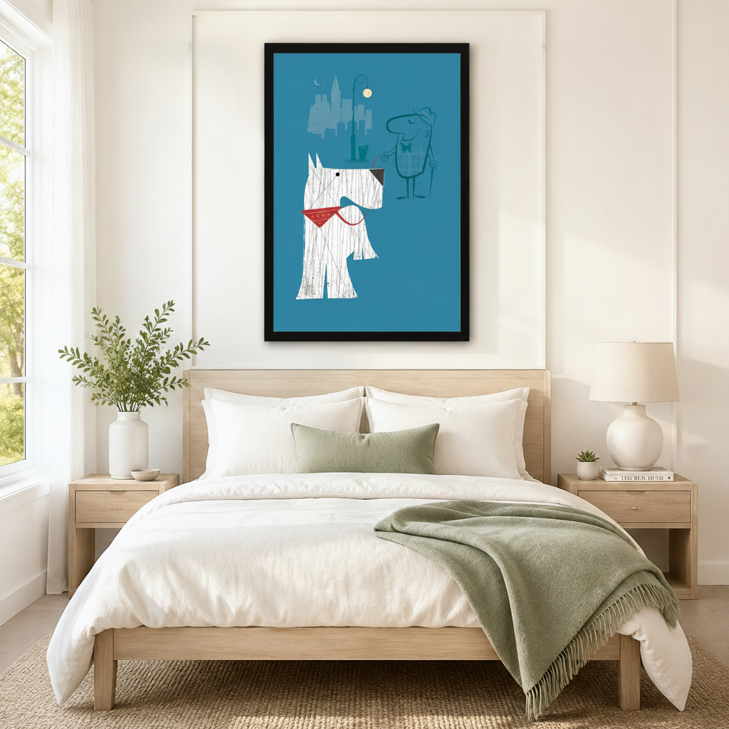 Retro white dog and owner city night skyline framed wall art above a neutral Scandinavian bedroom bed, mid-century modern teal blue dog print as statement bedroom decor