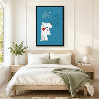 Retro white dog and owner city night skyline framed wall art above a neutral Scandinavian bedroom bed, mid-century modern teal blue dog print as statement bedroom decor