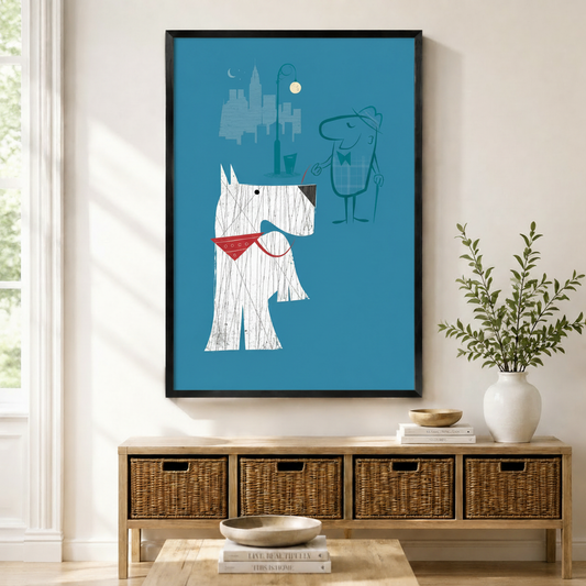 Mid-century modern retro white dog on city night walk framed wall art above a wicker basket sideboard, teal blue pop art dog and owner print