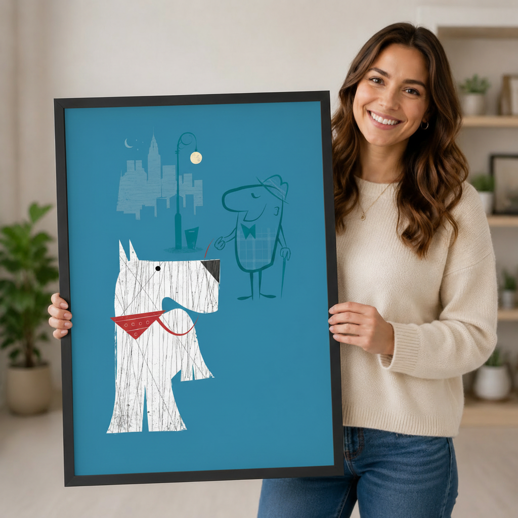 Woman holding large retro white dog city night walk art print showing size reference, mid-century modern teal blue Scottie dog and gentleman wall art