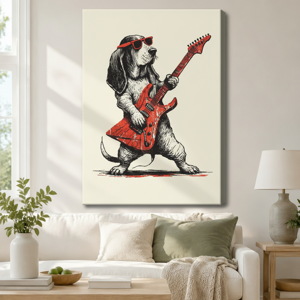 Stretched canvas wall art of a retro Basset Hound rocking a red electric guitar with red sunglasses on a cream background, displayed above a white sofa with sage green cushions, potted greenery, a ceramic table lamp, and a wooden side table