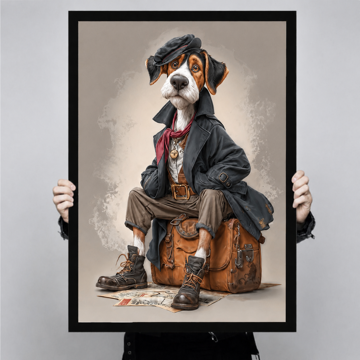 Close-up of a retro-style framed art print showing a beagle in a flat cap and oversized trench coat seated on a travel suitcase with scattered postcards