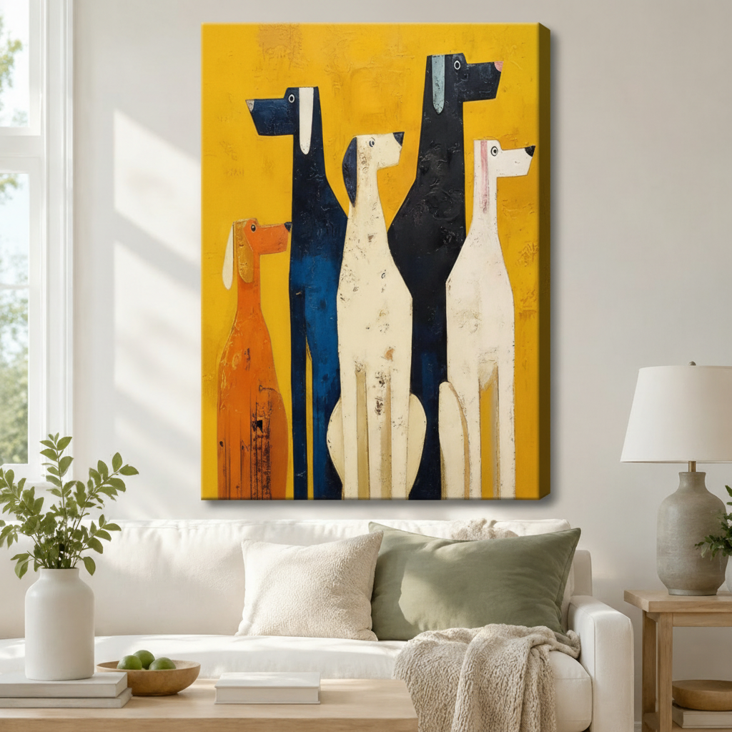 Stretched canvas wall art of a bold retro abstract four dogs group portrait featuring four geometric elongated hounds in warm orange, deep navy, off-white, and cream with dot eyes and blocky muzzles in distressed impasto oil texture on a bright golden yellow background, hung above a white sofa with sage green and cream pillows and a ceramic table lamp in a bright airy living room