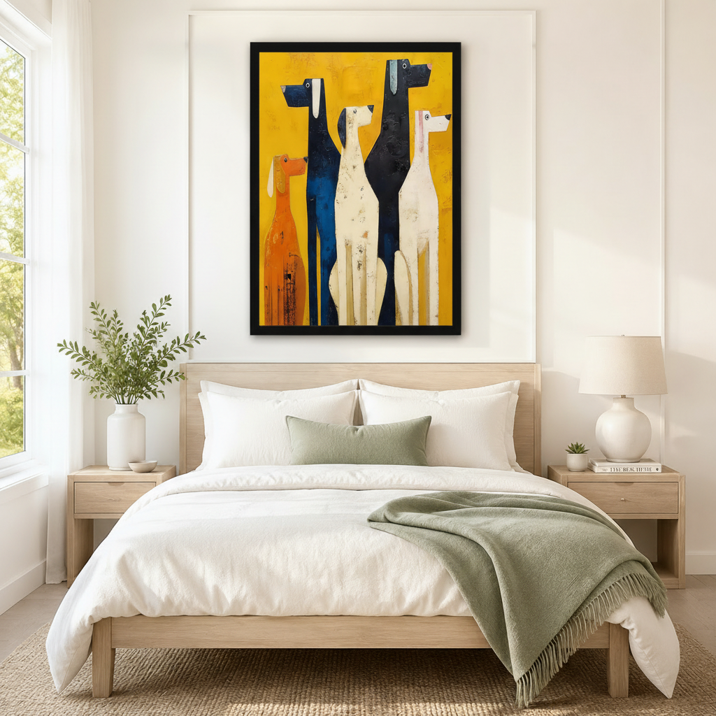 Black framed retro mid-century folk art four dogs canvas art with four geometric slender hounds in orange, deep navy, cream, and white with round dot eyes and square snouts in thick impasto oil texture on a vivid golden yellow background, hung above a wooden bed frame in