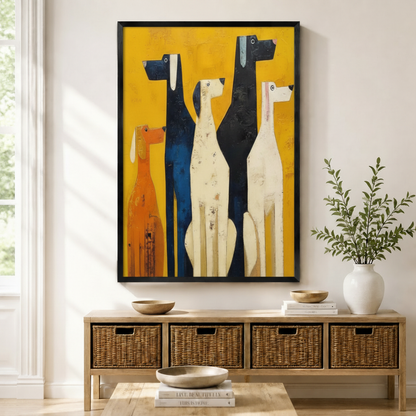 Black framed retro mid-century folk art four dogs canvas art with four stylized slender hounds in orange, navy blue, cream, and white standing side by side with round dot eyes and square snouts in thick impasto texture on a vivid golden yellow background, displayed on a light wall above a wooden rattan storage bench with wooden bowls and stacked books