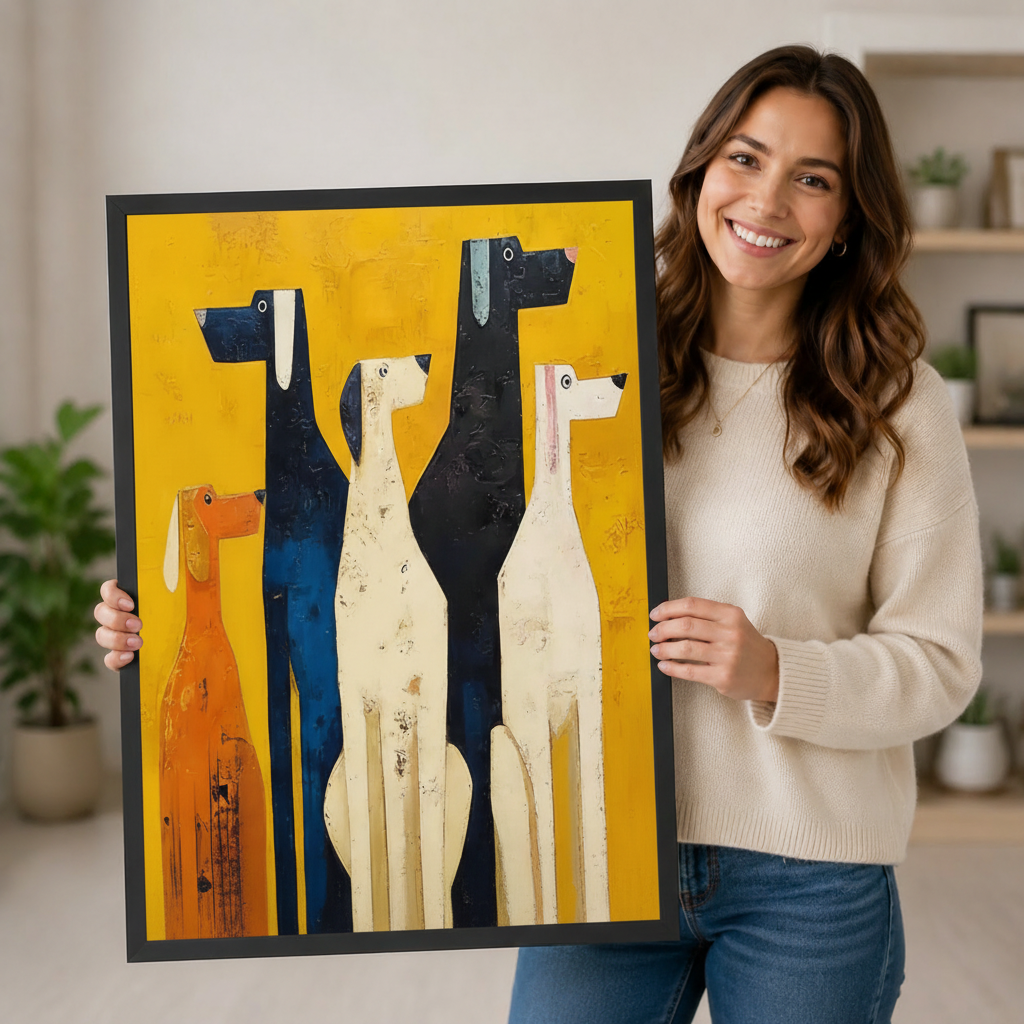 Smiling woman holding a large vertical black framed retro abstract four dogs canvas art print showing four elongated stylized hounds in orange, navy blue, off-white, and cream with dot eyes and blocky muzzles in distressed impasto texture on a bold golden yellow background in a bright plant-filled room
