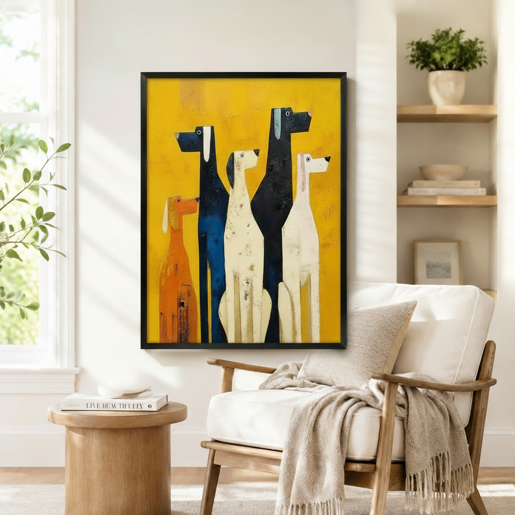 Black framed mid-century folk art four stylized dogs canvas art showing four slender geometric hounds in orange, navy, cream, and white with round eyes and square snouts in thick textured brushwork on a vivid yellow background, displayed on a white wall beside a white wooden armchair with a cream fringed throw and a round wood side table with books