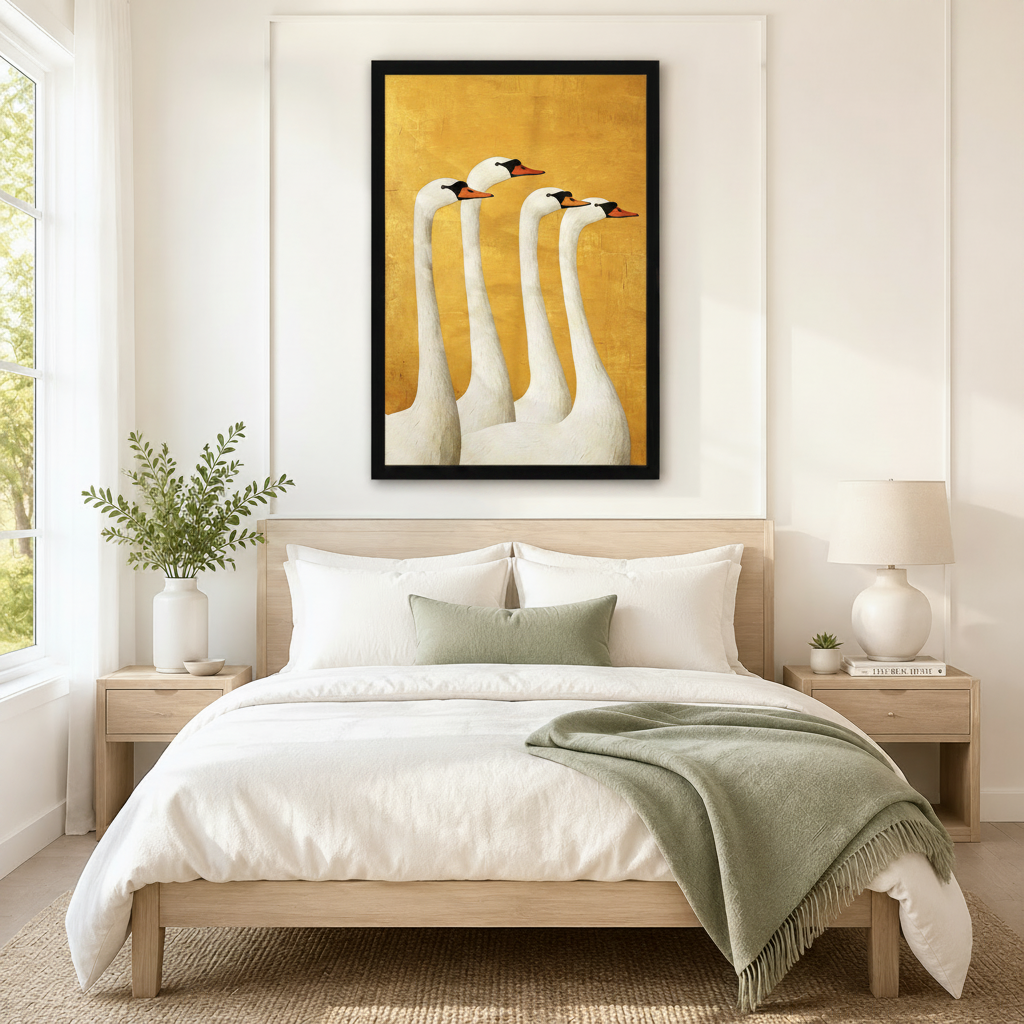 Black framed retro mid-century folk art four white swans canvas art with four elegant white swans with black head markings and orange-red beaks standing in a staggered row in thick impasto texture on a vivid golden yellow distressed background, hung above a wooden bed frame in a sun-drenched Scandinavian bedroom with crisp white linen bedding, a sage green accent pillow, matching round nightstand lamps, and a white ceramic vase of greenery