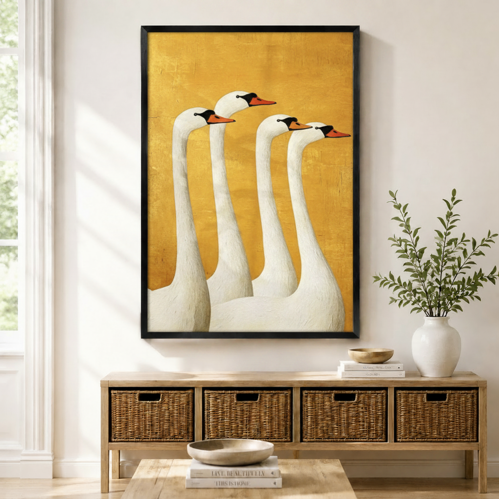 Black framed retro mid-century folk art four white swans canvas art with four elegant white swans standing in a staggered row with black crowns and orange-red beaks in thick impasto texture on a vivid golden yellow distressed background, displayed on a light wall above a wooden rattan storage bench with a white ceramic vase of greenery and stacked books
