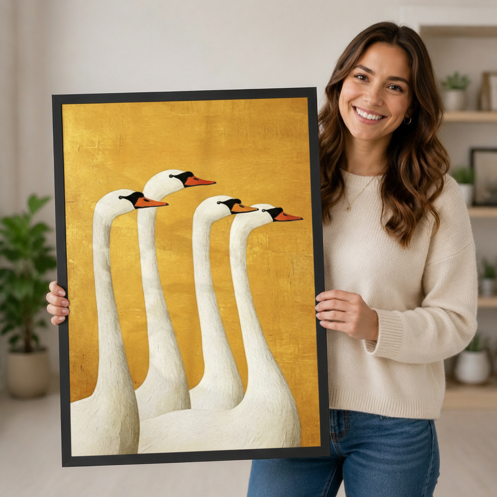 Smiling woman holding a large vertical black framed retro folk art four white swans canvas art print showing four graceful white swans with black crowns and orange beaks in a cascading row in distressed impasto oil texture on a bold golden yellow background in a bright plant-filled room
