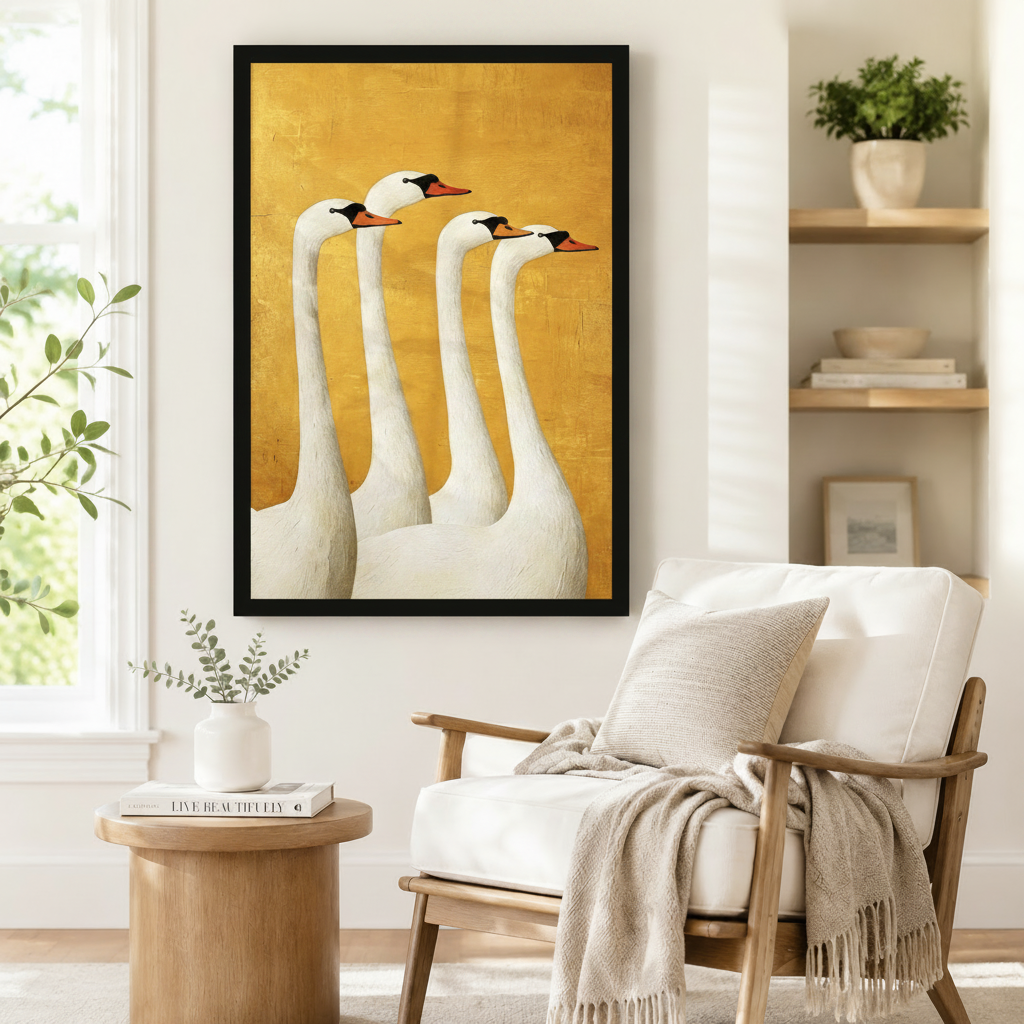 Black framed mid-century retro four white swans canvas art showing four slender elegant swans with black head markings and orange-red beaks standing in a staggered formation in thick textured brushwork on a vivid golden yellow background, displayed on a white wall beside a white wooden armchair with a cream fringed throw and a round wood side table with books