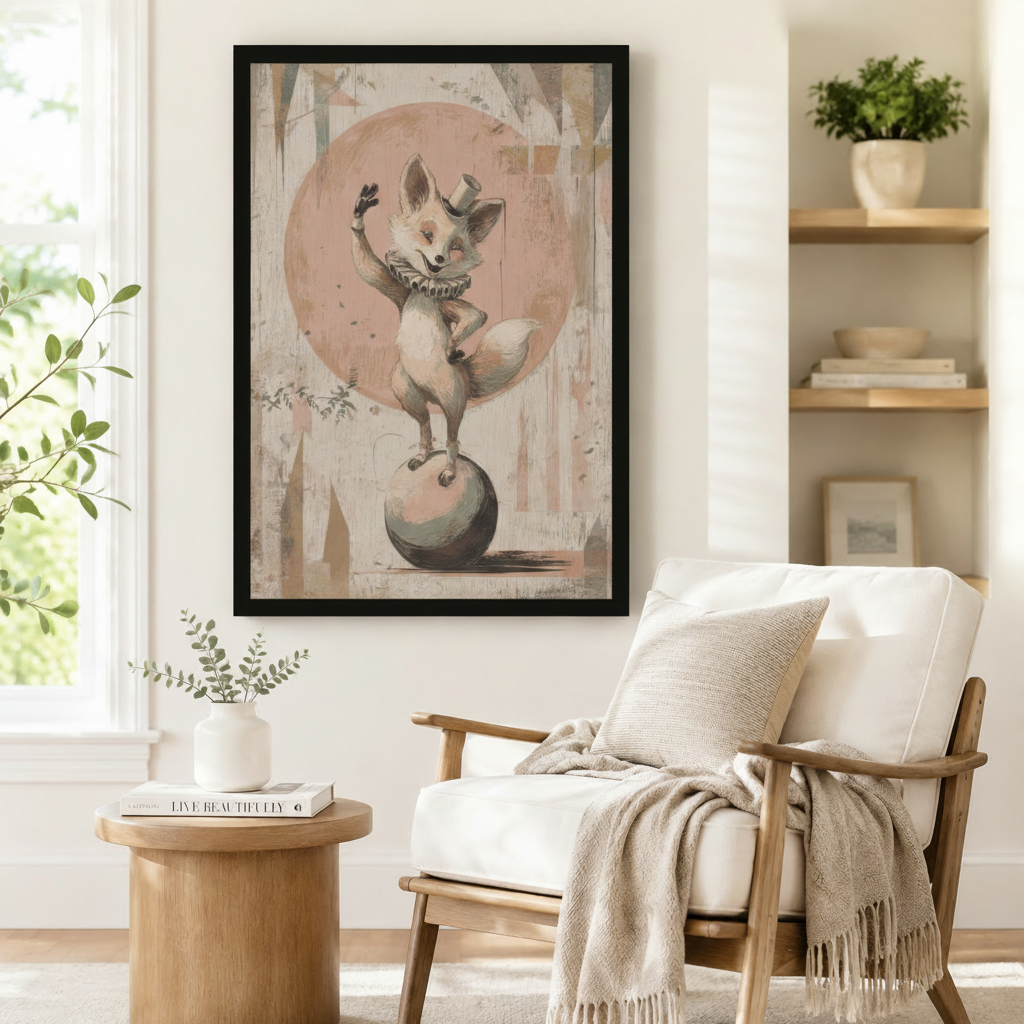 Large black framed retro circus fox acrobat in a top hat and ruffled collar balancing on a ball beside a white upholstered wood-frame armchair with a linen throw blanket, round solid wood side table with a coffee table book, and open shelving with potted greenery