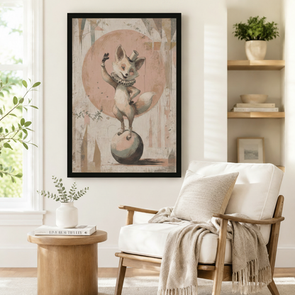 Large black framed retro circus fox acrobat in a top hat and ruffled collar balancing on a ball beside a white upholstered wood-frame armchair with a linen throw blanket, round solid wood side table with a coffee table book, and open shelving with potted greenery