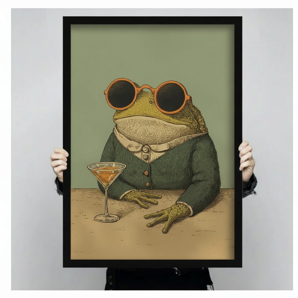 Retro frog with round sunglasses and martini art print in black frame above accent chair in cozy room