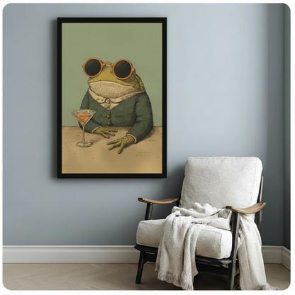 Retro frog with round sunglasses and martini art print in black frame above accent chair in cozy room