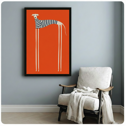 Framed retro-style wall art print featuring a tall minimalist greyhound in a striped top on an orange background, hung beside a cozy white armchair in a Scandinavian-style room
