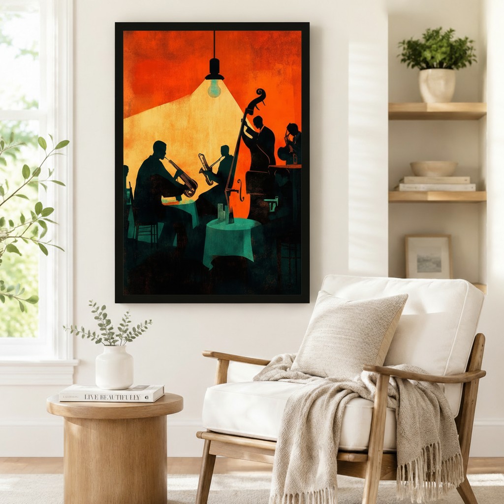Retro jazz club framed wall art showing dark silhouettes of a trumpet player, saxophonist, and upright bass player lit by a single hanging bulb on a fiery orange backdrop, styled beside a linen armchair in a reading nook