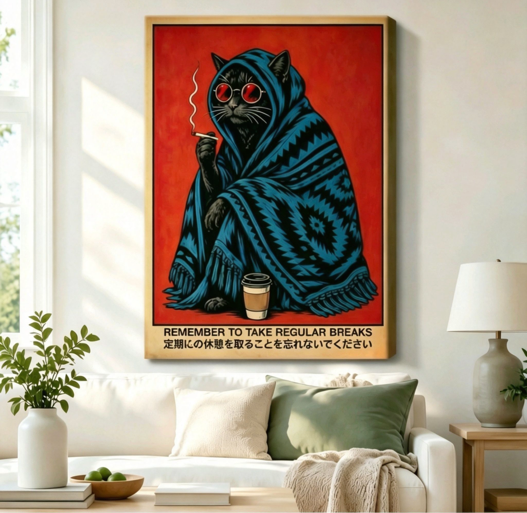 Retro Japanese poster-style lazy black cat in blue ethnic blanket with red round sunglasses and coffee cup gallery wrap canvas art on bold red background above a white sofa with sage green cushions, a knit throw blanket, and a ceramic table lamp