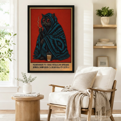 Black framed retro Japanese-style black cat smoking with coffee cup "Remember to Take Regular Breaks" bilingual wall art in bold red beside a white linen armchair with a linen throw blanket and open wood shelving in a Scandinavian interior