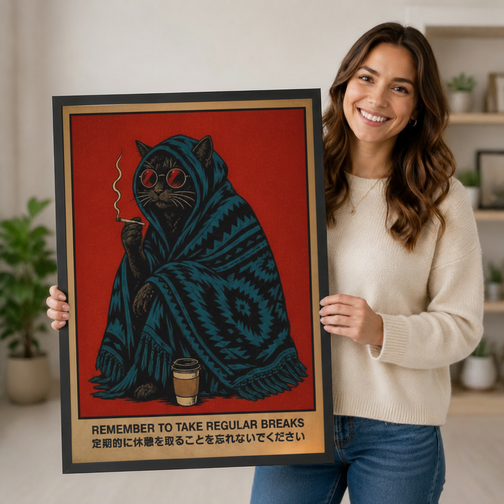 Smiling woman in cream sweater holding a black framed retro Japanese poster black cat wrapped in blue blanket with red sunglasses and coffee cup art print on bold red background against a neutral indoor background with potted plants