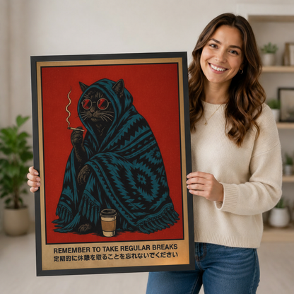 Smiling woman in cream sweater holding a black framed retro Japanese poster black cat wrapped in blue blanket with red sunglasses and coffee cup art print on bold red background against a neutral indoor background with potted plants