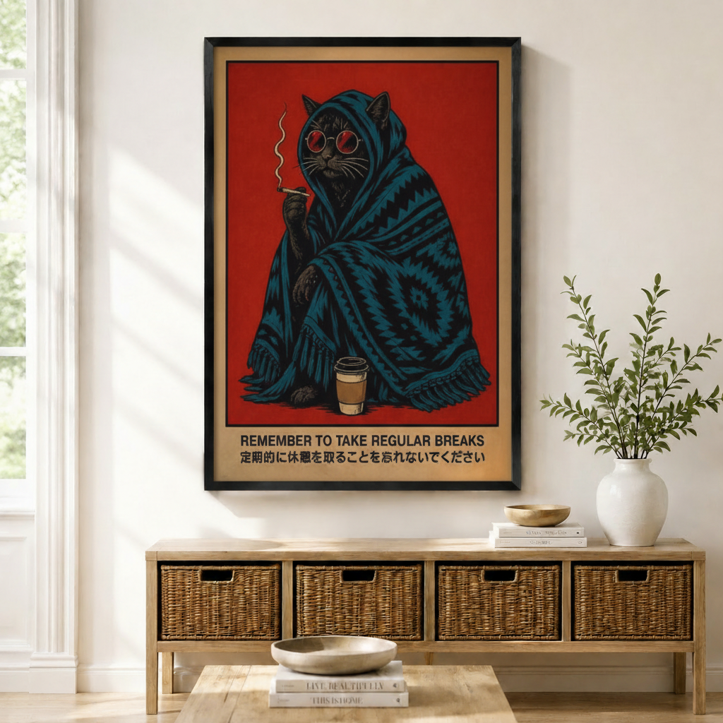Retro Japanese-style black cat wrapped in blue blanket with red sunglasses smoking and coffee cup "Remember to Take Regular Breaks" black framed canvas art above a rattan sideboard with wicker baskets and a white ceramic vase in a Scandinavian living room