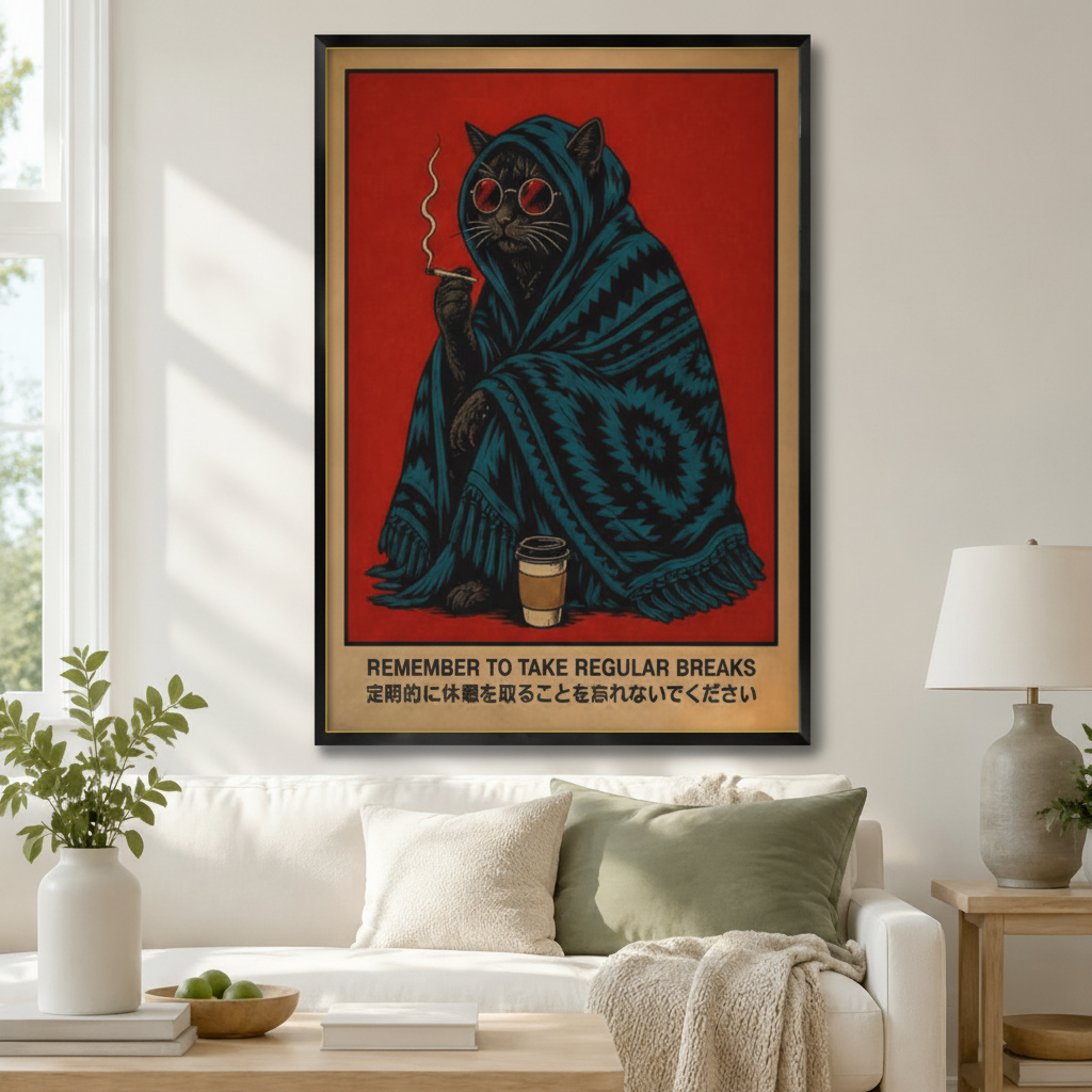 Black framed retro lazy black cat in blue ethnic blanket smoking with coffee cup "Remember to Take Regular Breaks" Japanese-style canvas art in bold red above a white sofa with sage green cushions, a taupe throw blanket, and a ceramic table lamp