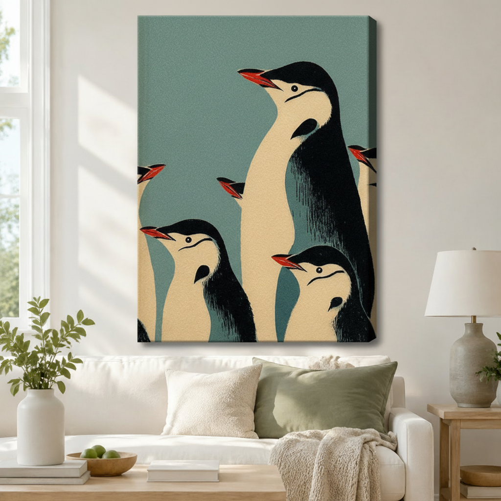 Mid-century modern retro penguin family canvas wall art hung above a white sofa, bold black and cream emperor penguin illustration on teal blue for living room decor
