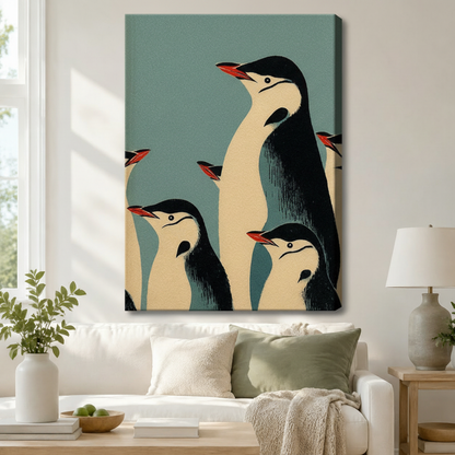 Mid-century modern retro penguin family canvas wall art hung above a white sofa, bold black and cream emperor penguin illustration on teal blue for living room decor
