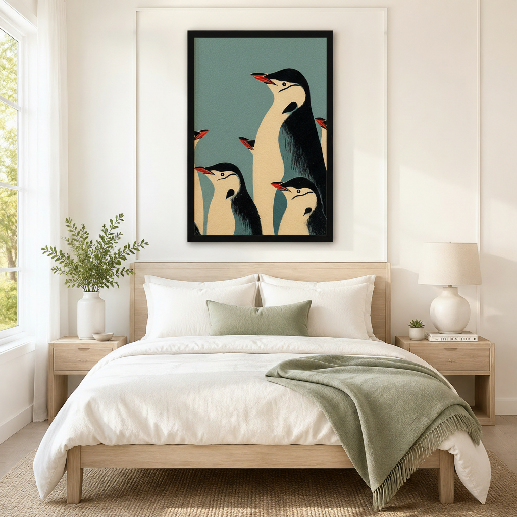 Retro penguin family framed wall art above a neutral Scandinavian bedroom bed, mid-century modern emperor penguin illustration on teal blue as statement bedroom decor
