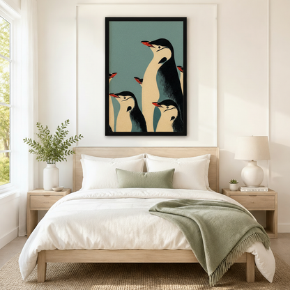 Retro penguin family framed wall art above a neutral Scandinavian bedroom bed, mid-century modern emperor penguin illustration on teal blue as statement bedroom decor
